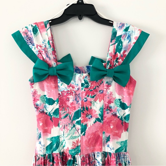 Vintage 80’s Leslie Lucks Bright Floral Print Full Skirt Dress w/ Bows - Picture 9 of 16